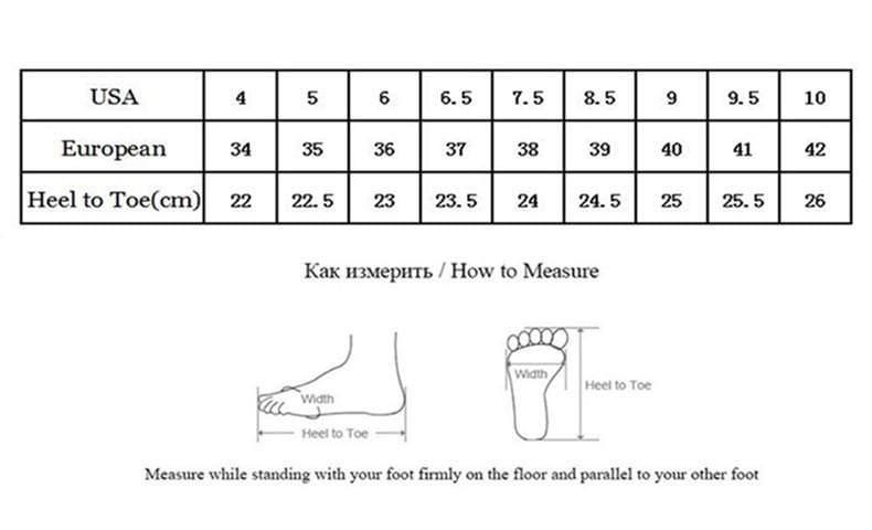 Foot measurement chart comparing USA, European, heel to toe measurements with visual illustrations.