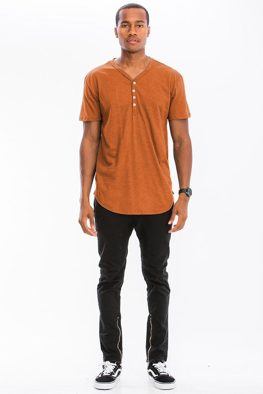 Men Cotton Scallop Shape Short Sleeve Cut Henley Button Shirt Zarnesh