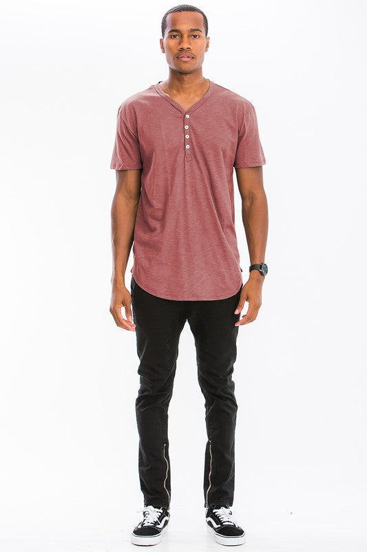 Men Cotton Scallop Shape Short Sleeve Cut Henley Button Shirt Zarnesh