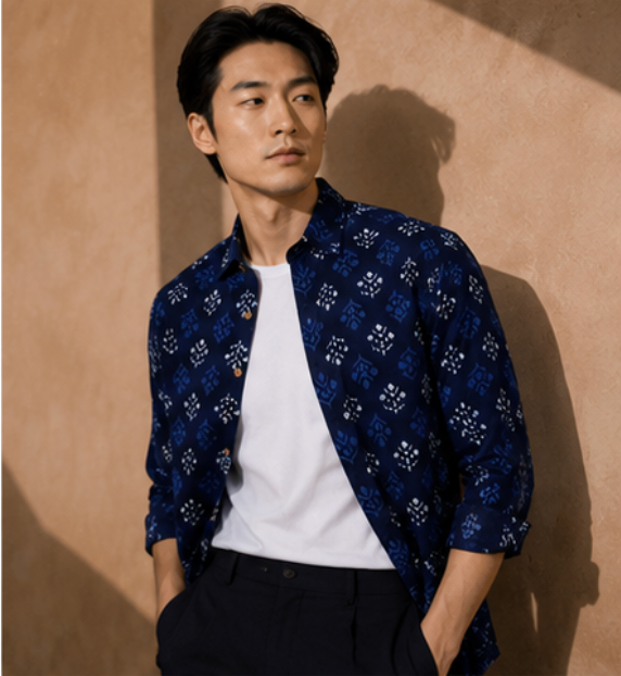 Man wearing a navy patterned shirt over a white t-shirt against a beige wall