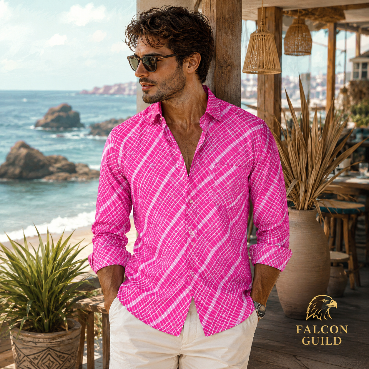 Man wearing a pink checkered shirt by the ocean with Falcon Guild logo.