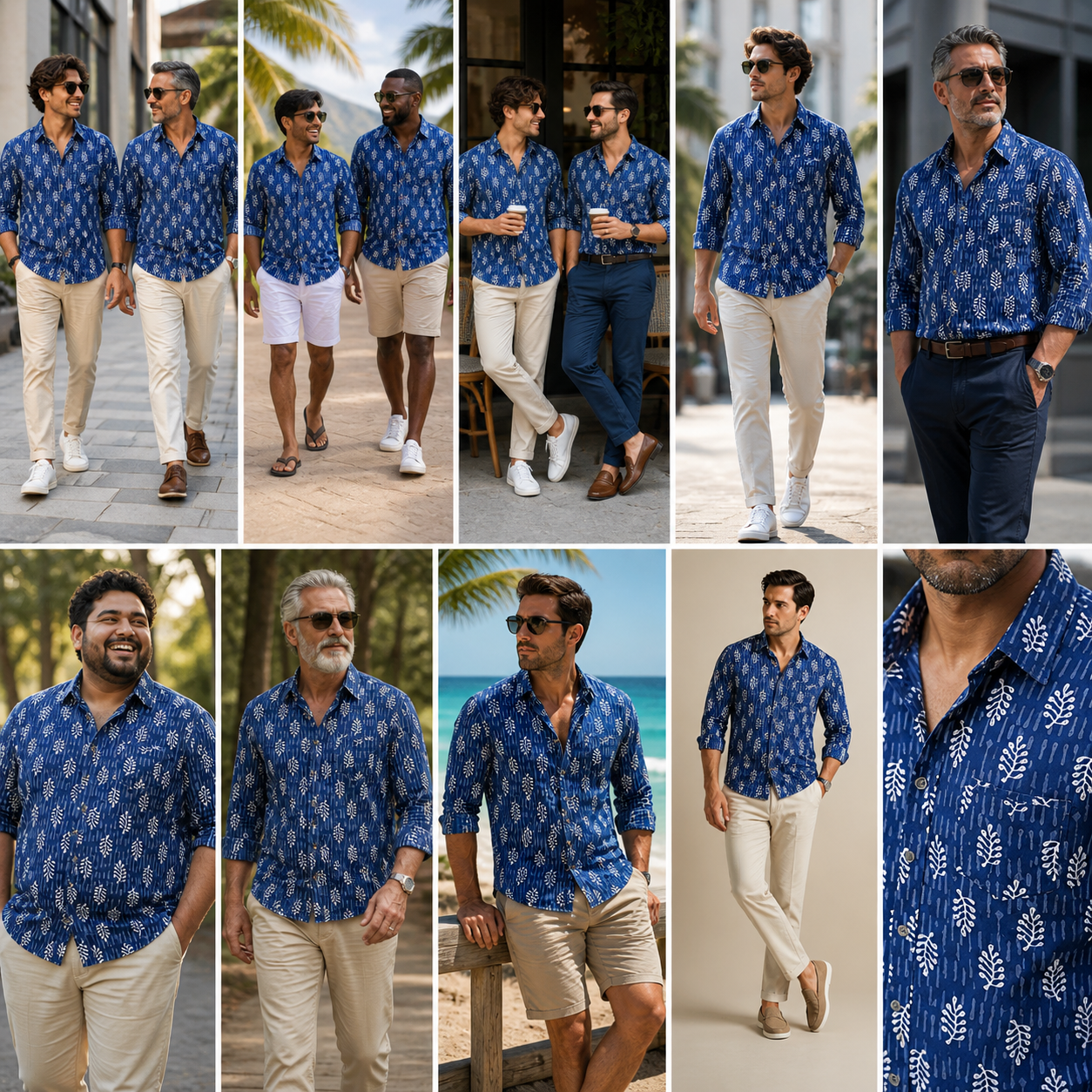 Collage of a man wearing a blue patterned shirt in various settings.