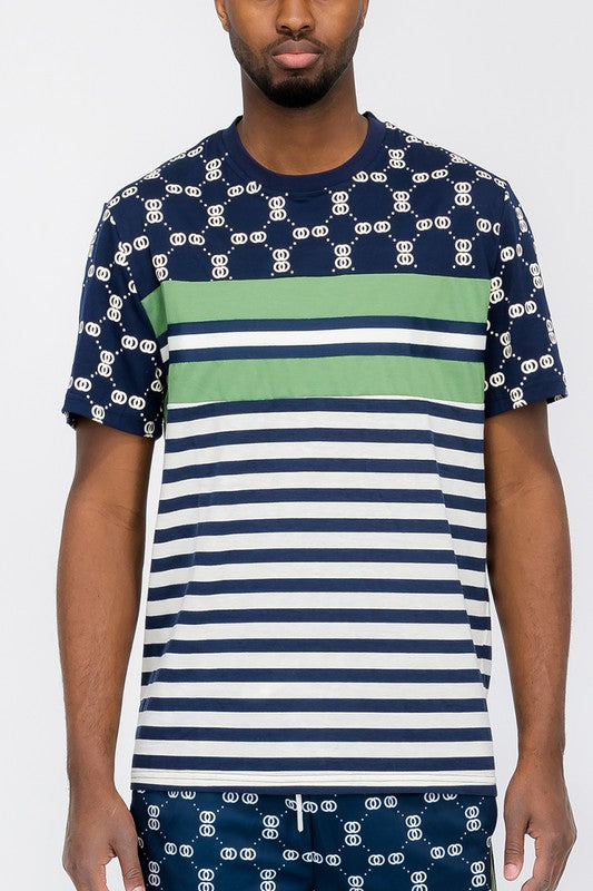 Men’s Casual Chain Link Print Shirt Striped Tees | Zarnesh