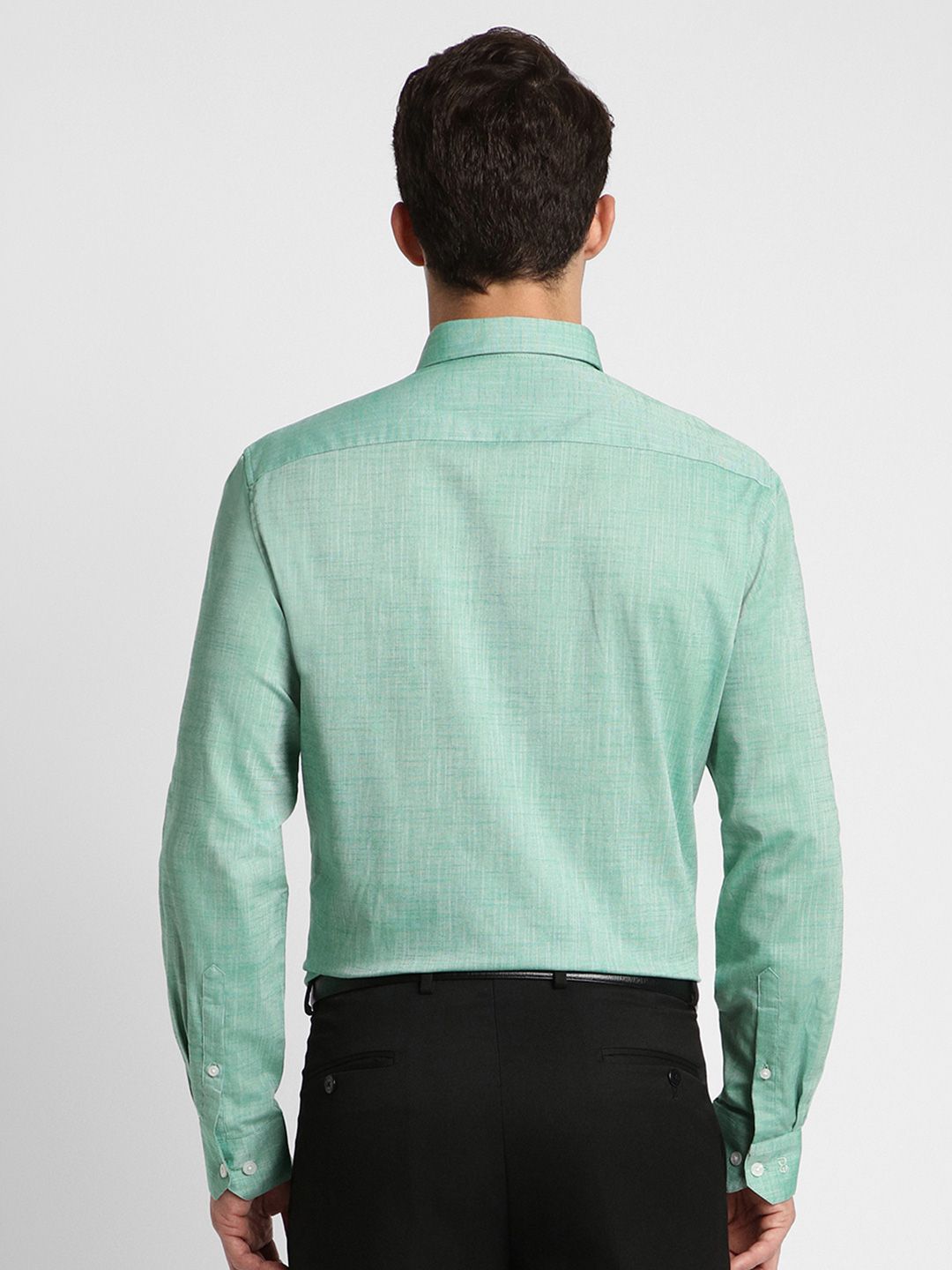 Man wearing a light green checkered shirt on a white background