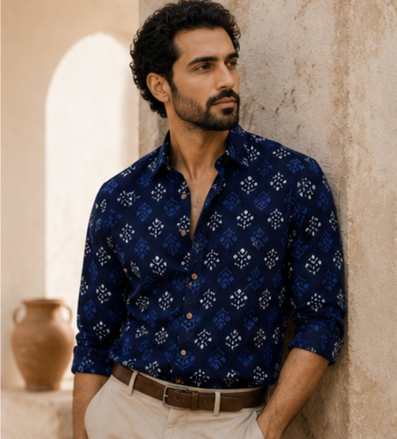 Men's Cotton Rajwadi Indigo Block Print Shirt | Zarnesh