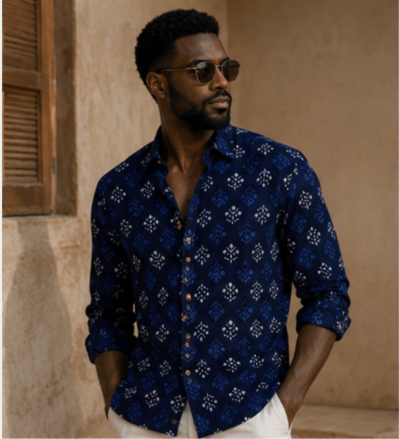 Man wearing a blue patterned shirt and sunglasses against a beige wall.