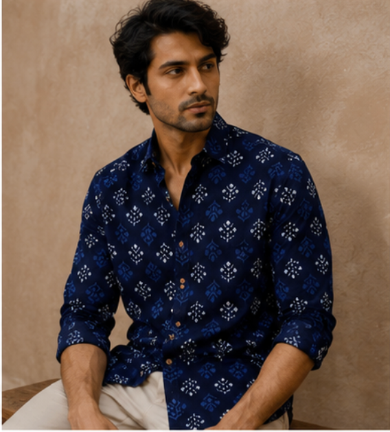 Man wearing a blue patterned shirt against a beige background