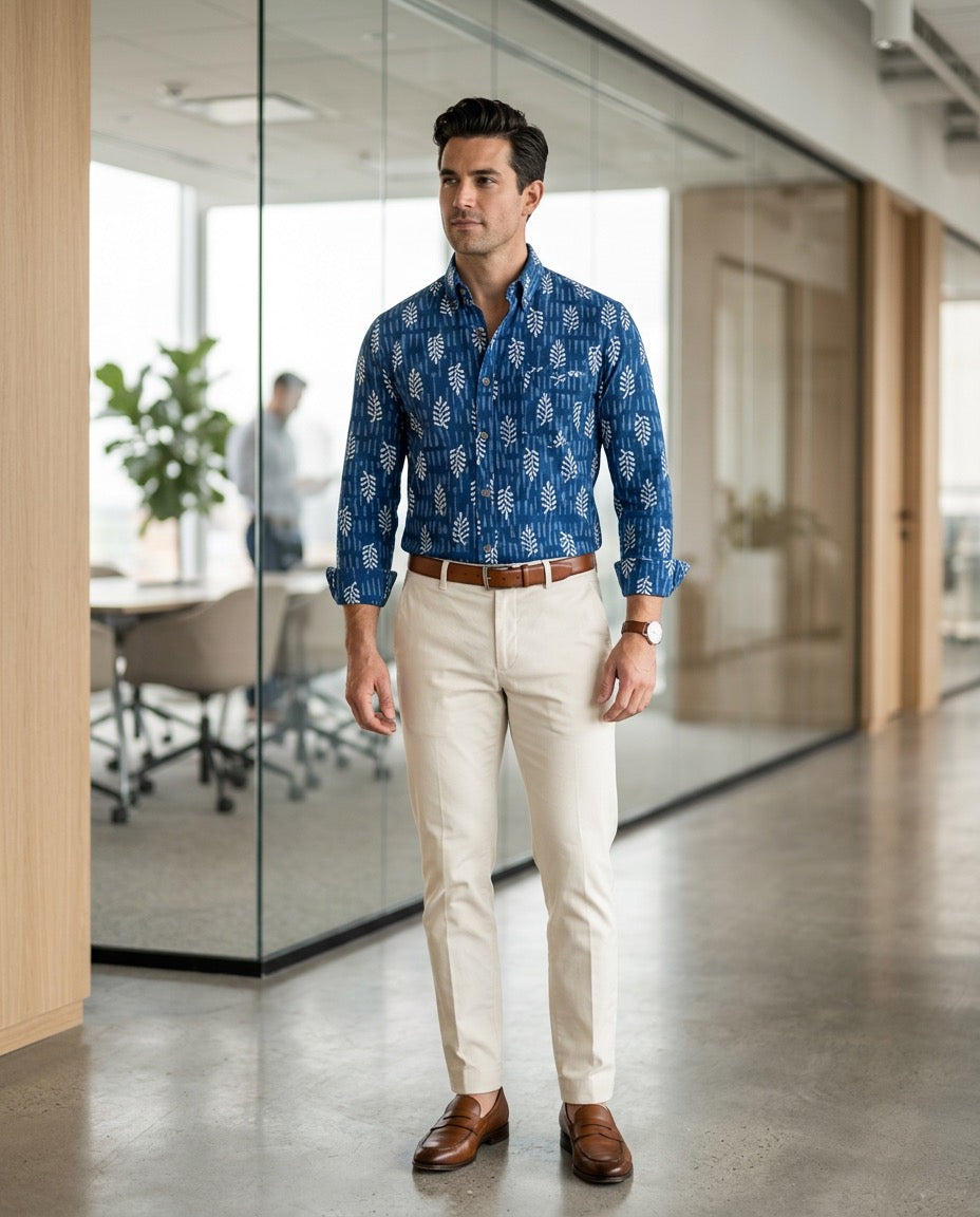 Man in a blue patterned shirt and beige pants standing in an office setting