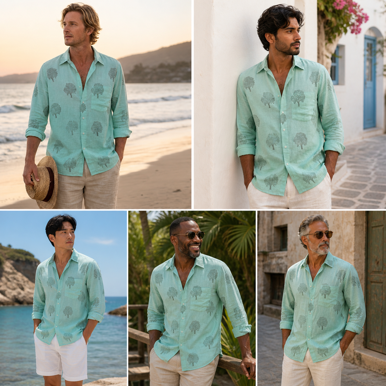 Collage of a man wearing a light green patterned shirt in various settings.
