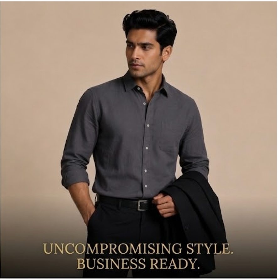 Man wearing a gray shirt and black pants holding a jacket against a beige background with text 'Uncompromising Style. Business Ready.