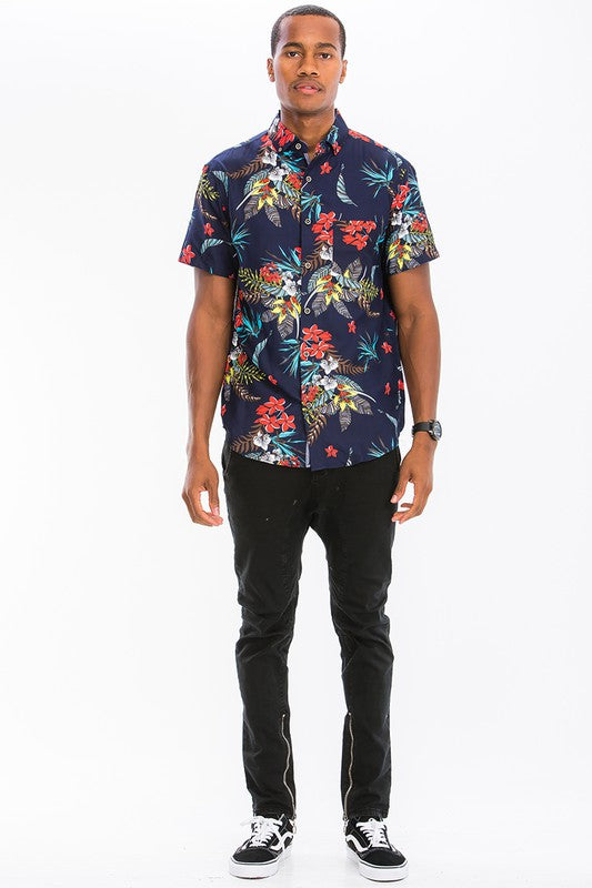 Men's Hawaiian Navy Floral Button-Down Shirt | Zarnesh