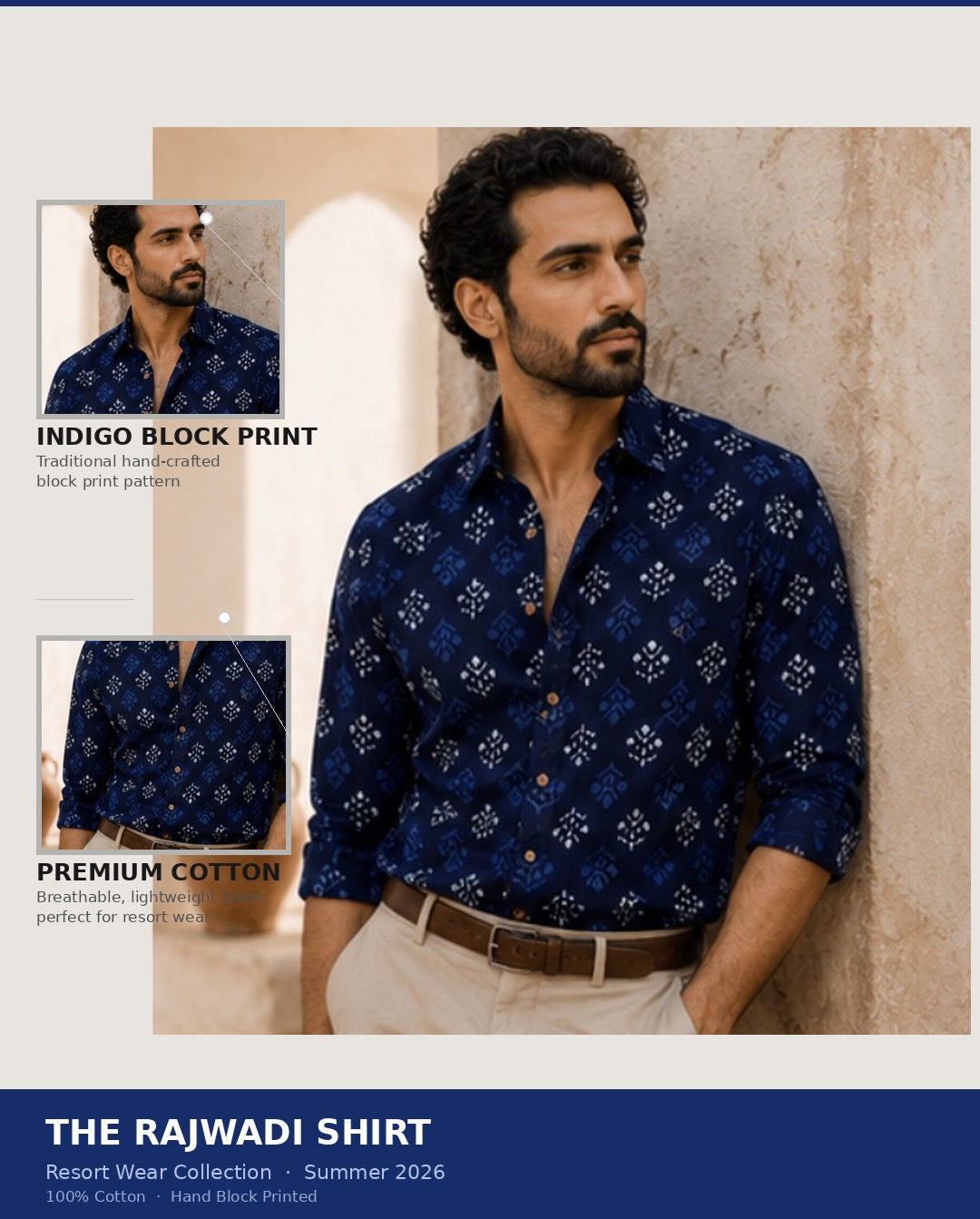 Man wearing a blue patterned shirt with text about the shirt's features and brand.