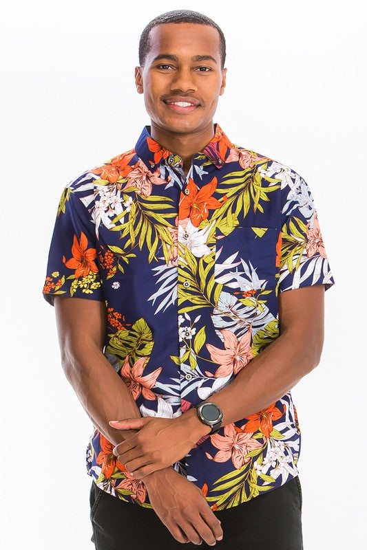 Men’s Navy Hawaiian Tropical Floral Print Shirt | Zarnesh