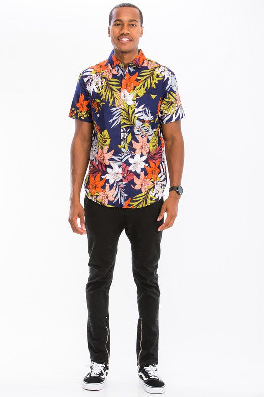 Men’s Navy Hawaiian Tropical Floral Print Shirt | Zarnesh