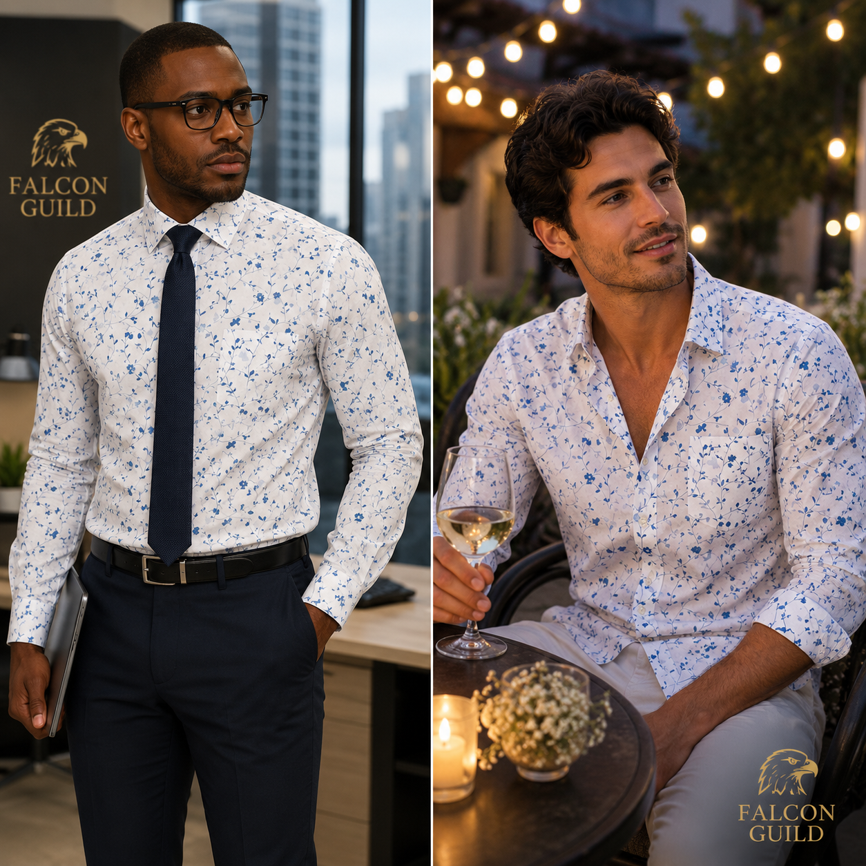 Two men wearing patterned shirts by Falcon Guild, one in a formal setting and the other in a casual outdoor setting.