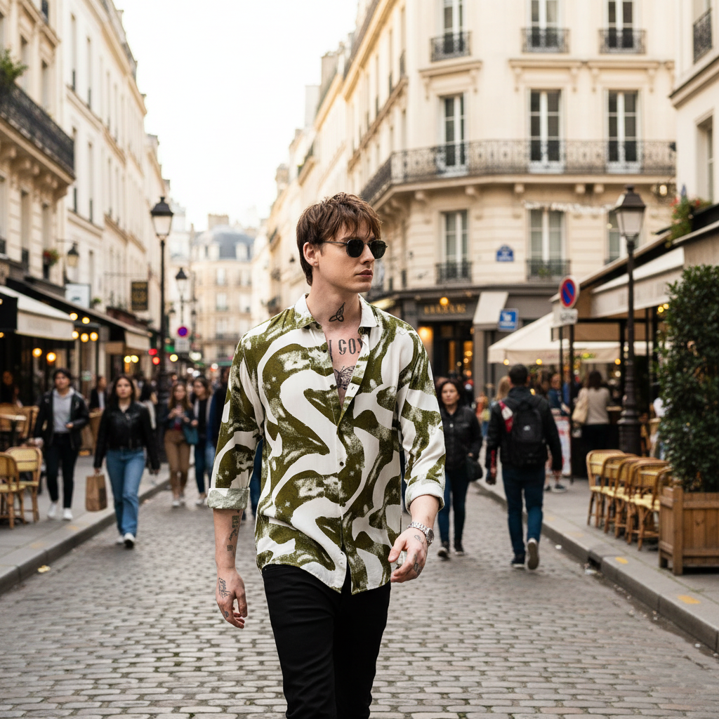 Person walking down a street in an urban setting with buildings and people in the background