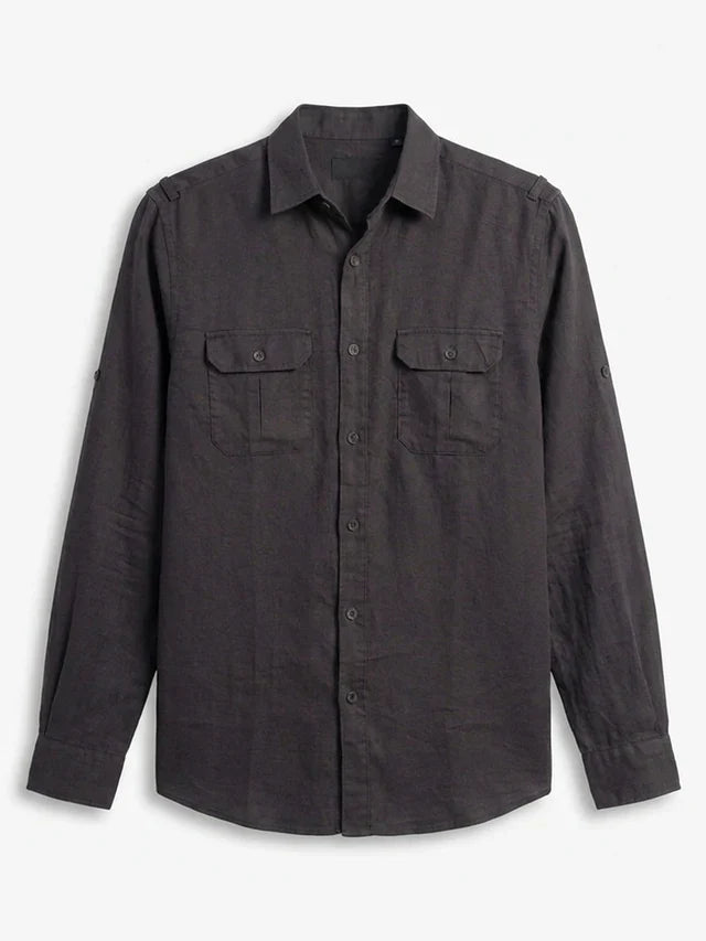 Dark gray button-up shirt with two chest pockets on a white background