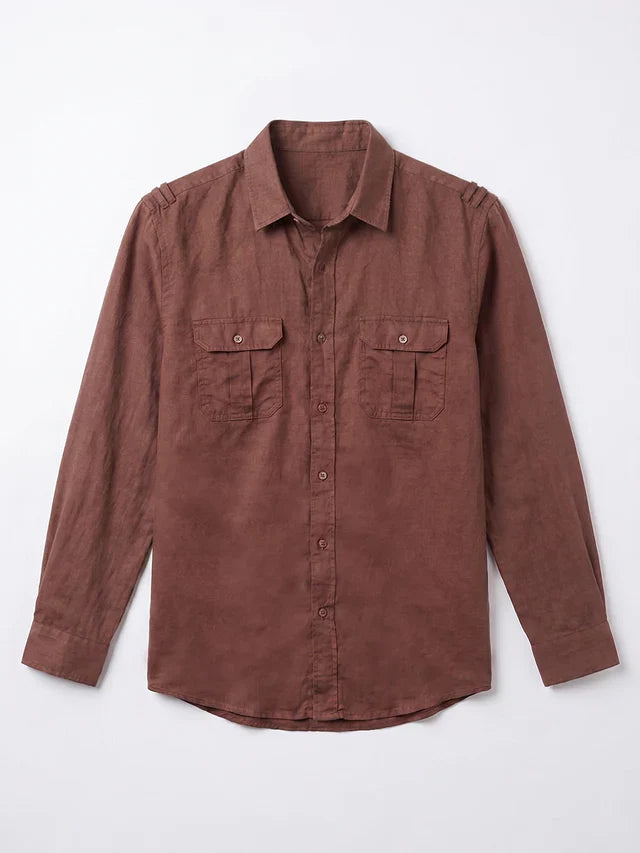 Brown button-up shirt with two chest pockets on a white background