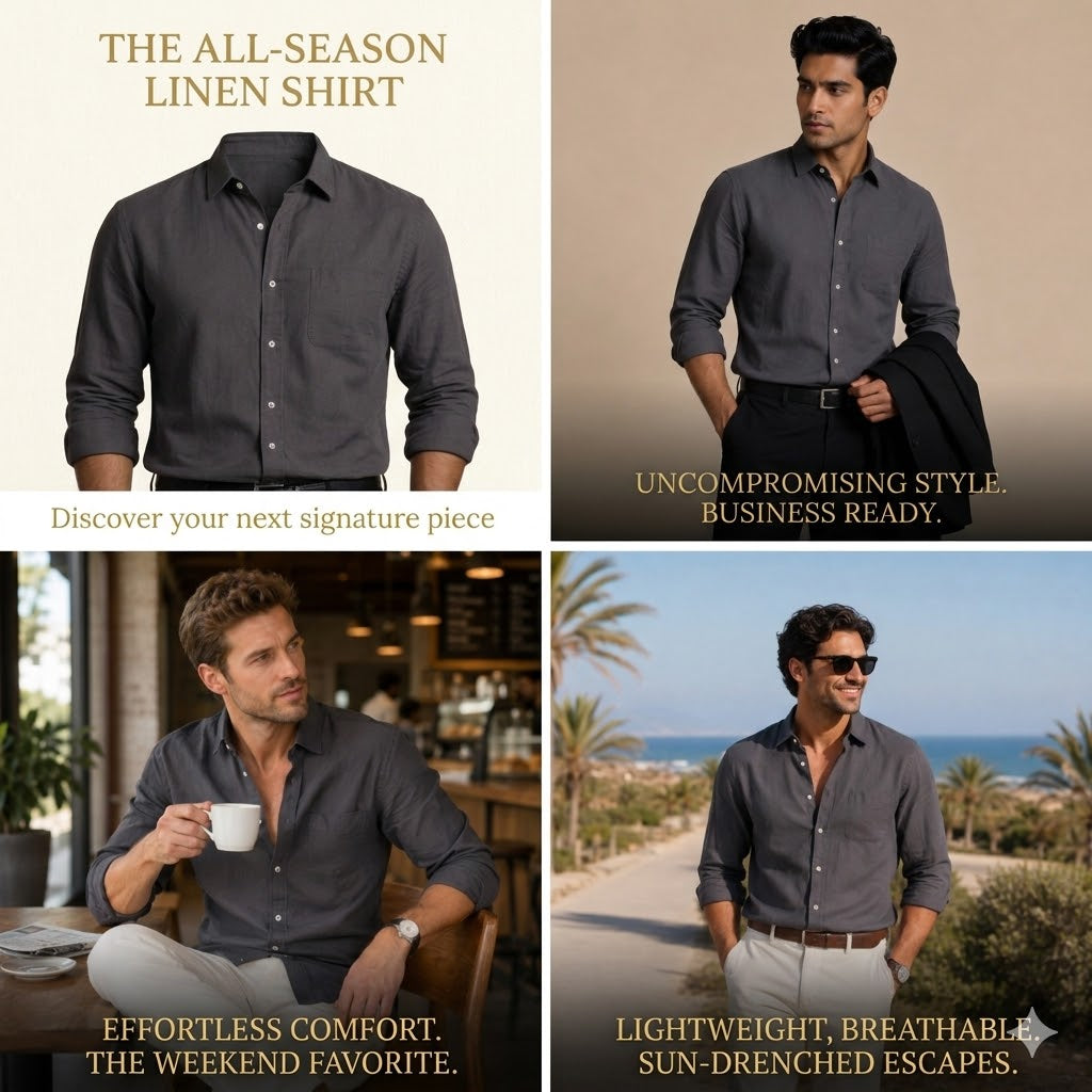 Collage of a man wearing a gray linen shirt in various settings with text describing the shirt's features.