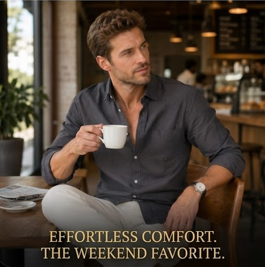 Man sitting in a cafe holding a coffee cup with text 'Effortless Comfort. The Weekend Favorite.'