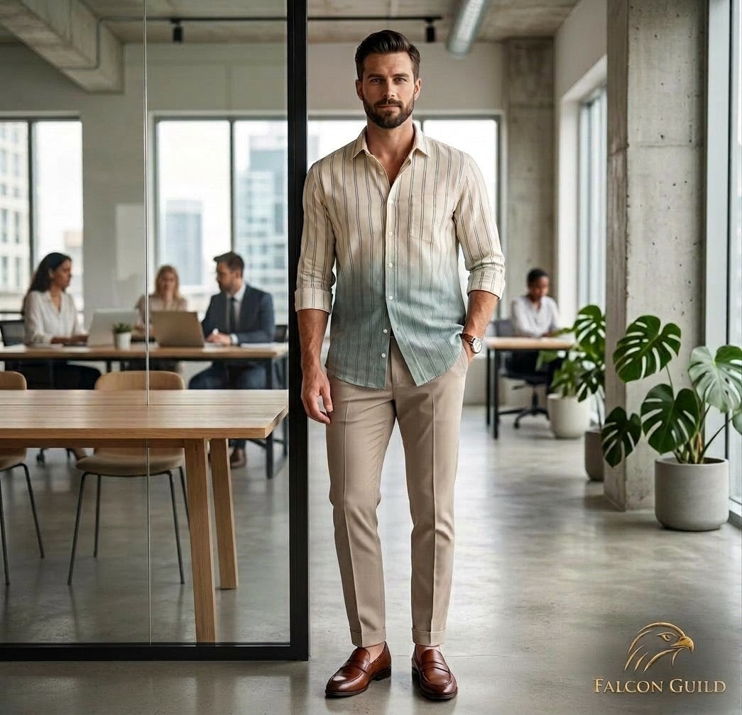 Man standing in a modern office with colleagues working in the background