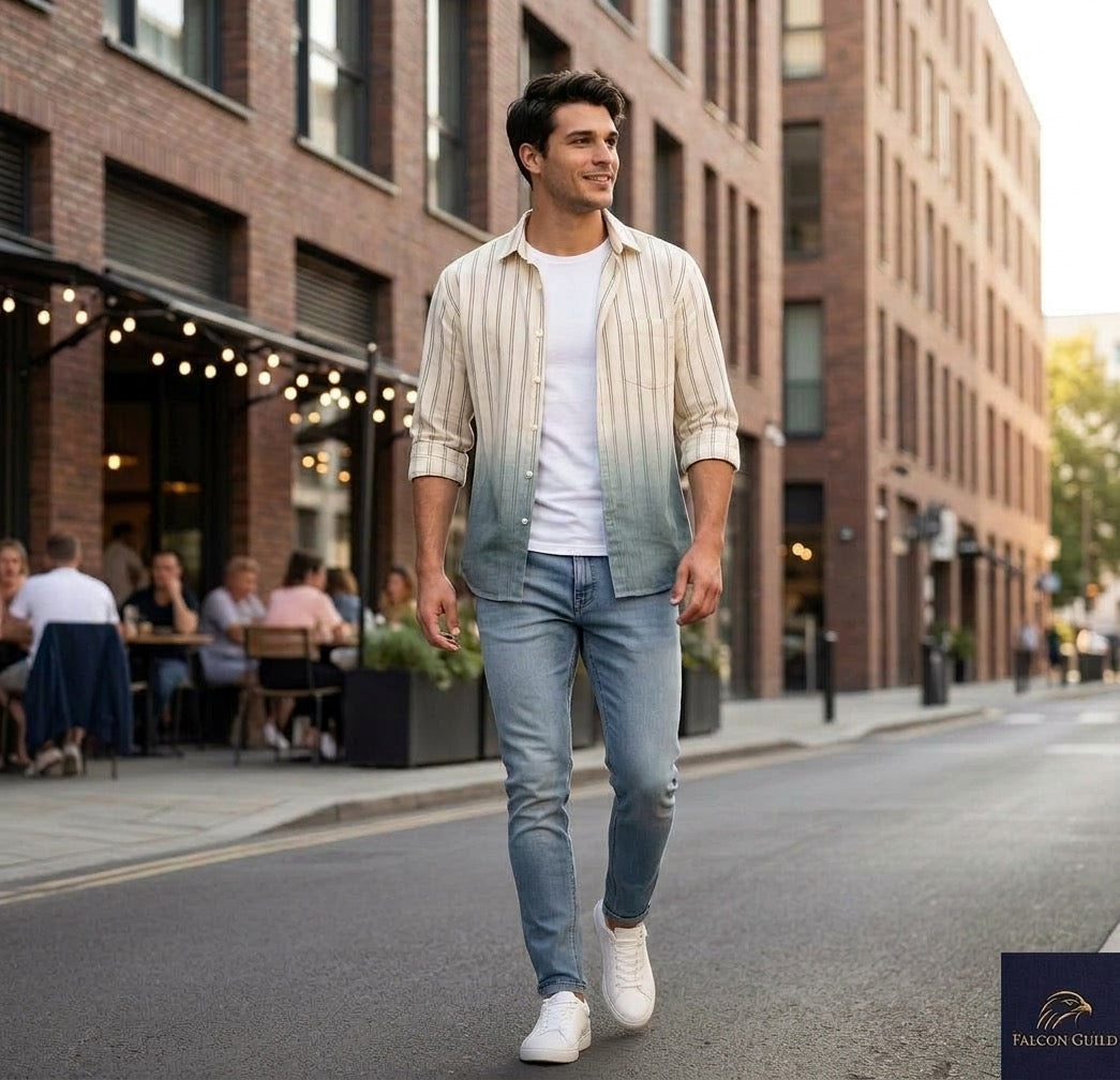Man walking on a street in an urban setting with buildings and people in the background