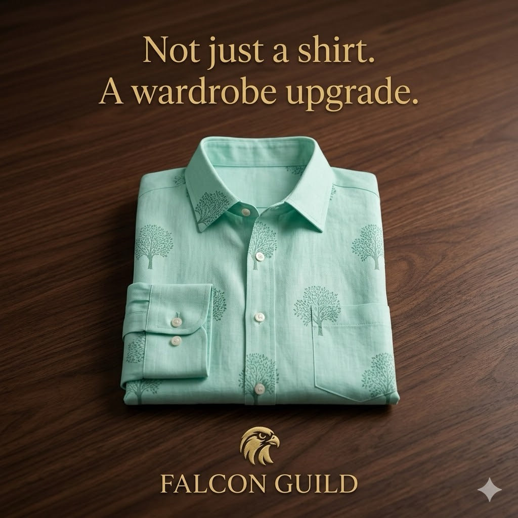 Folded light blue shirt with tree pattern on a wooden surface, Falcon Guild logo visible