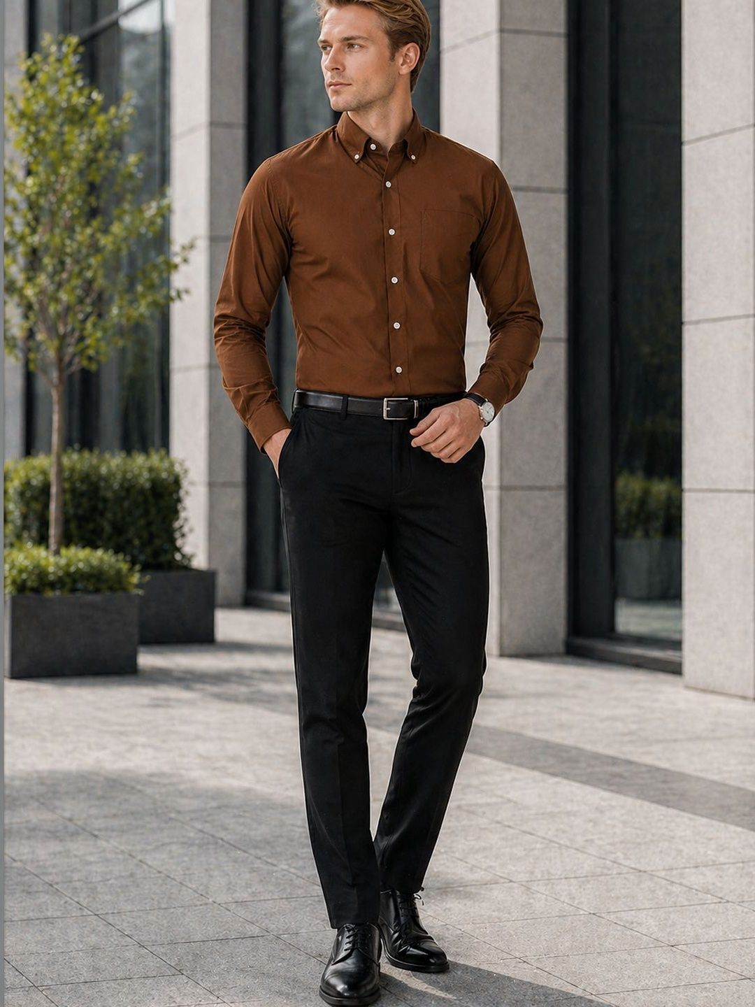 Man wearing a brown shirt and black pants standing on a city street.