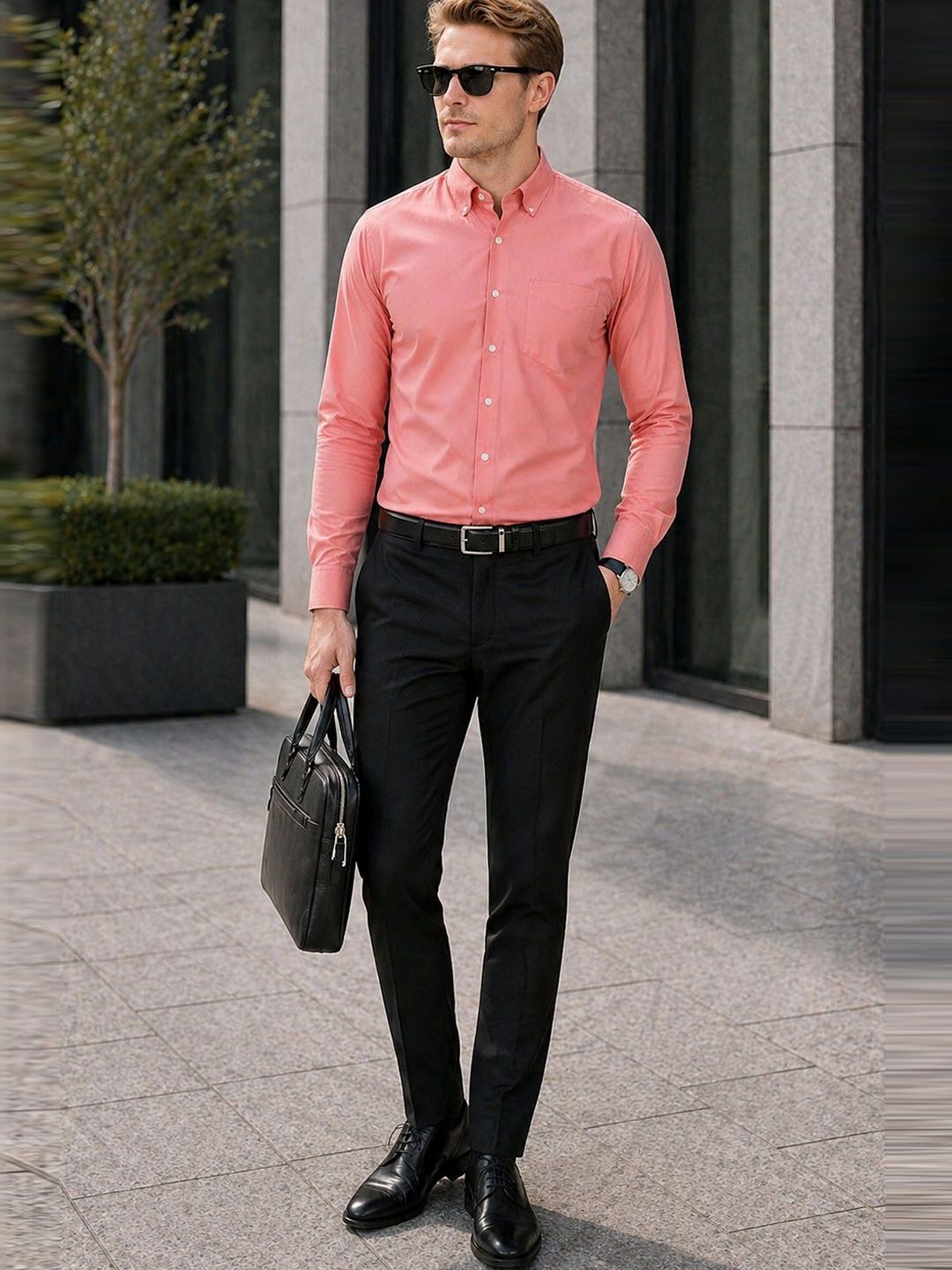 Man wearing a pink dress shirt and black pants holding a briefcase outdoors.
