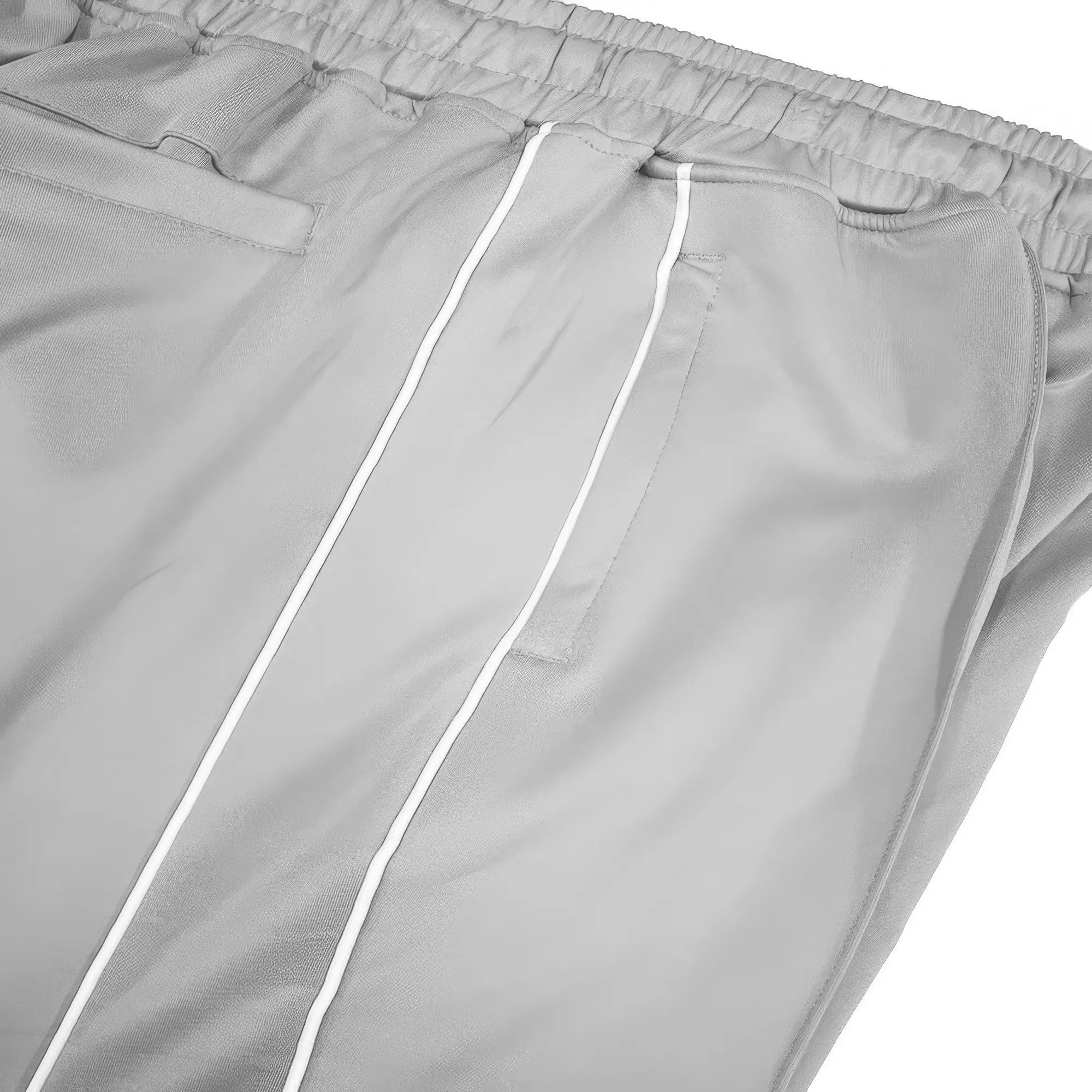 Close-up of gray pants with white stripes on a white background