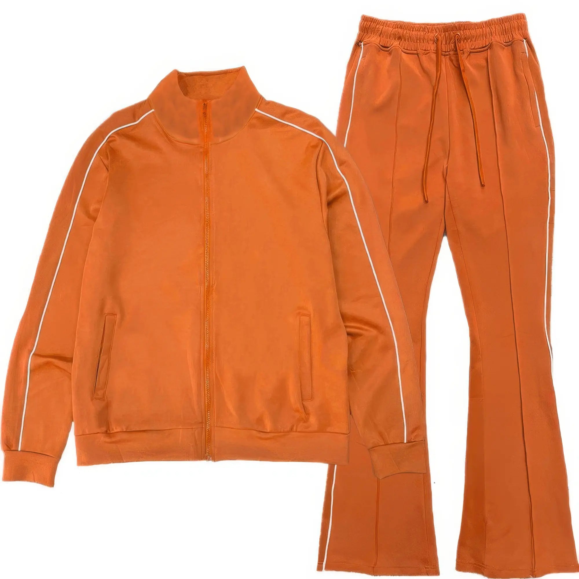 Orange tracksuit with white piping on a white background
