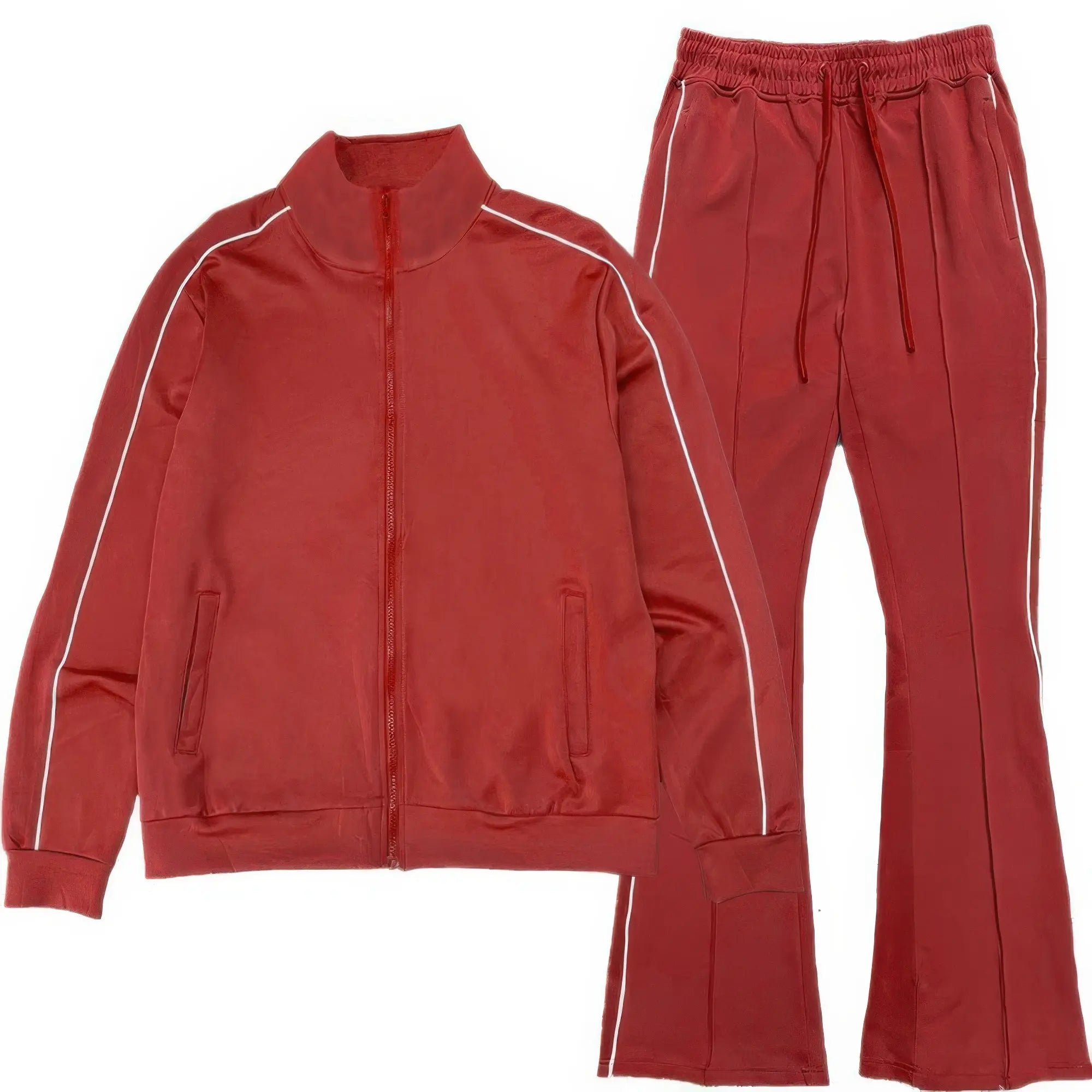 Red tracksuit with white piping on a white background