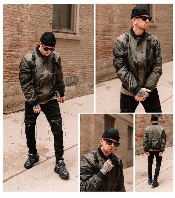Men's Utility Strap Front Zipper Functional Pockets Jacket | Zarnesh