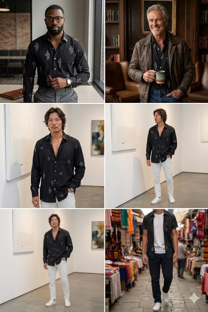 Collage of a man in various settings wearing a black patterned shirt.