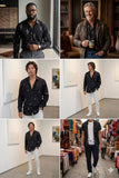 Collage of a man in various settings wearing a black patterned shirt.