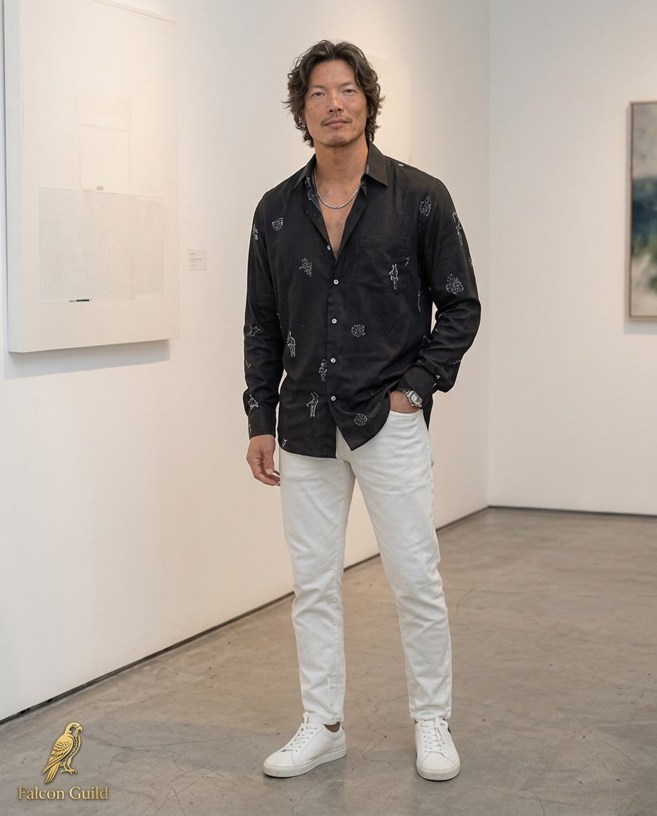 Man wearing a black patterned shirt and white pants in an art gallery setting