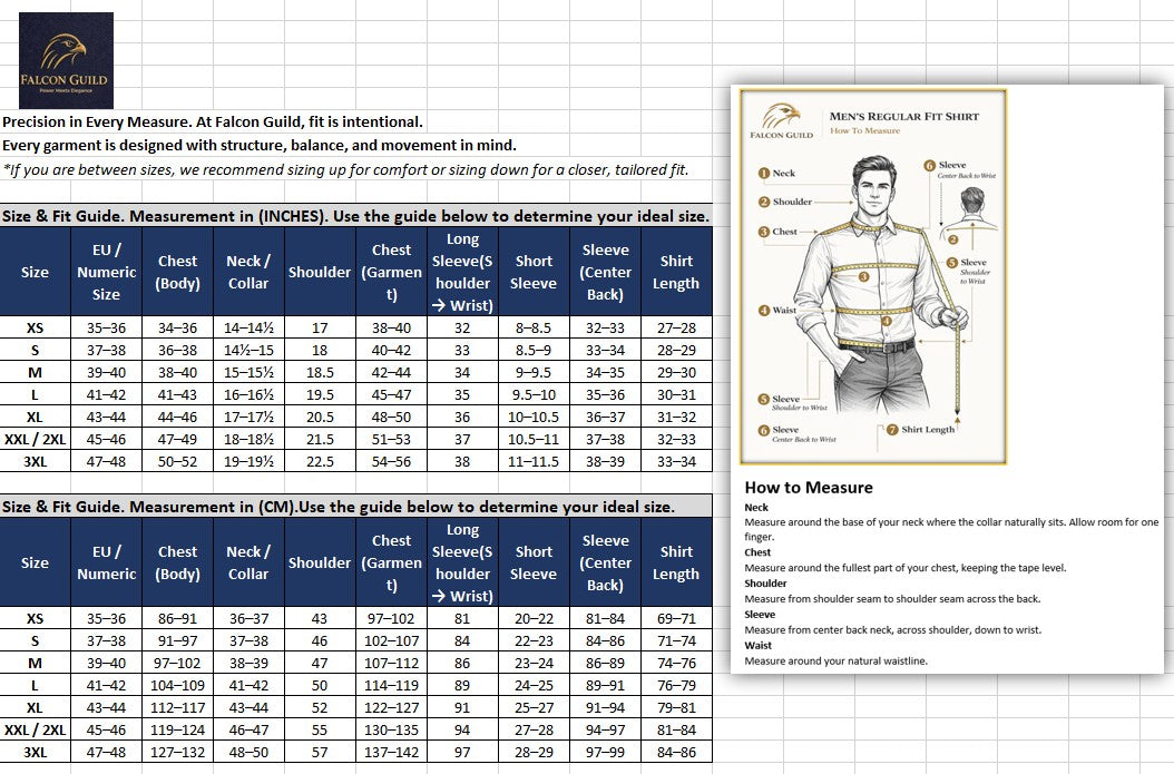 Falcon Guide size chart and measurement guide for men's clothing on a white background