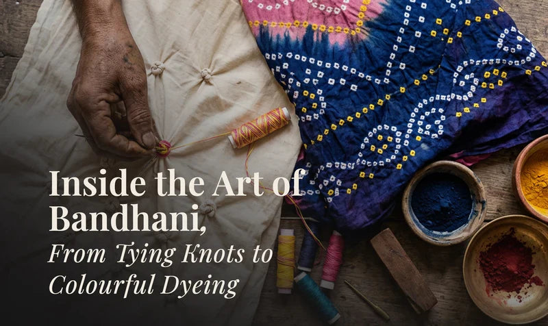 Art of Bandhani with hands tying knots and colorful fabric in the background
