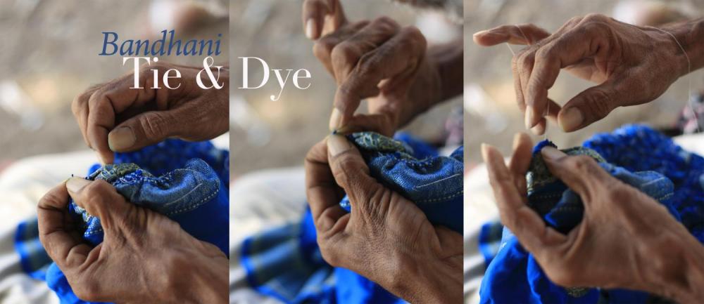 Step-by-step process of tie-dyeing fabric with 'Bandhami Tie & Dye' branding.