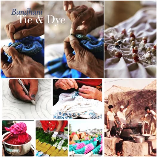 Collage of tie-dye process steps with hands and materials.