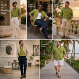 Collage of a man wearing a green patterned shirt in various settings.