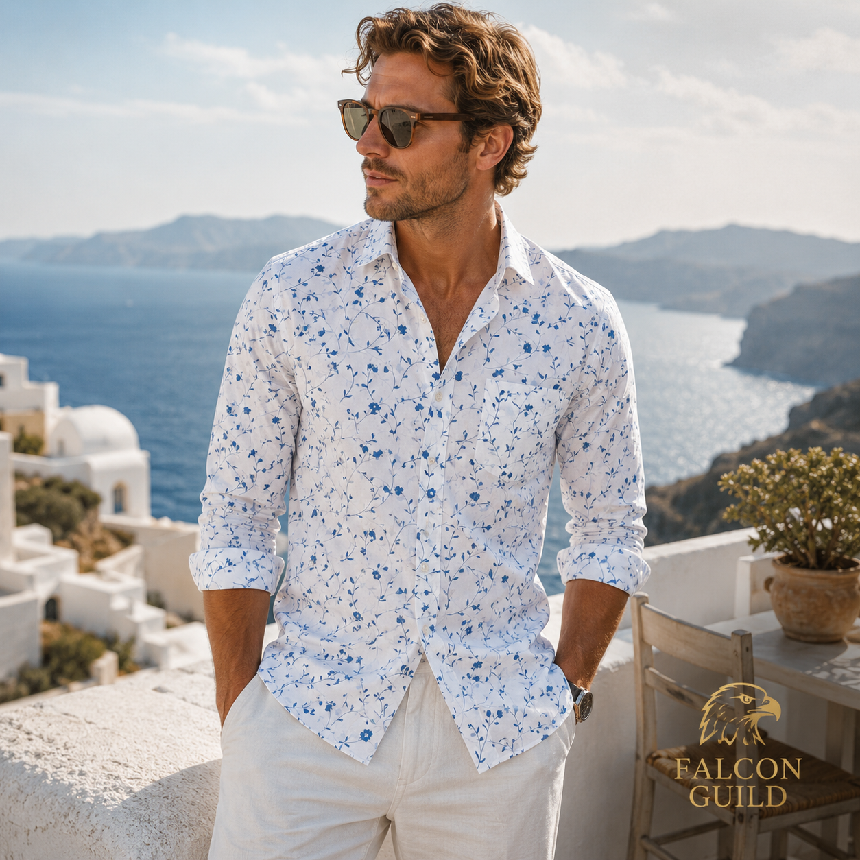 Man wearing a floral shirt and sunglasses with a scenic background