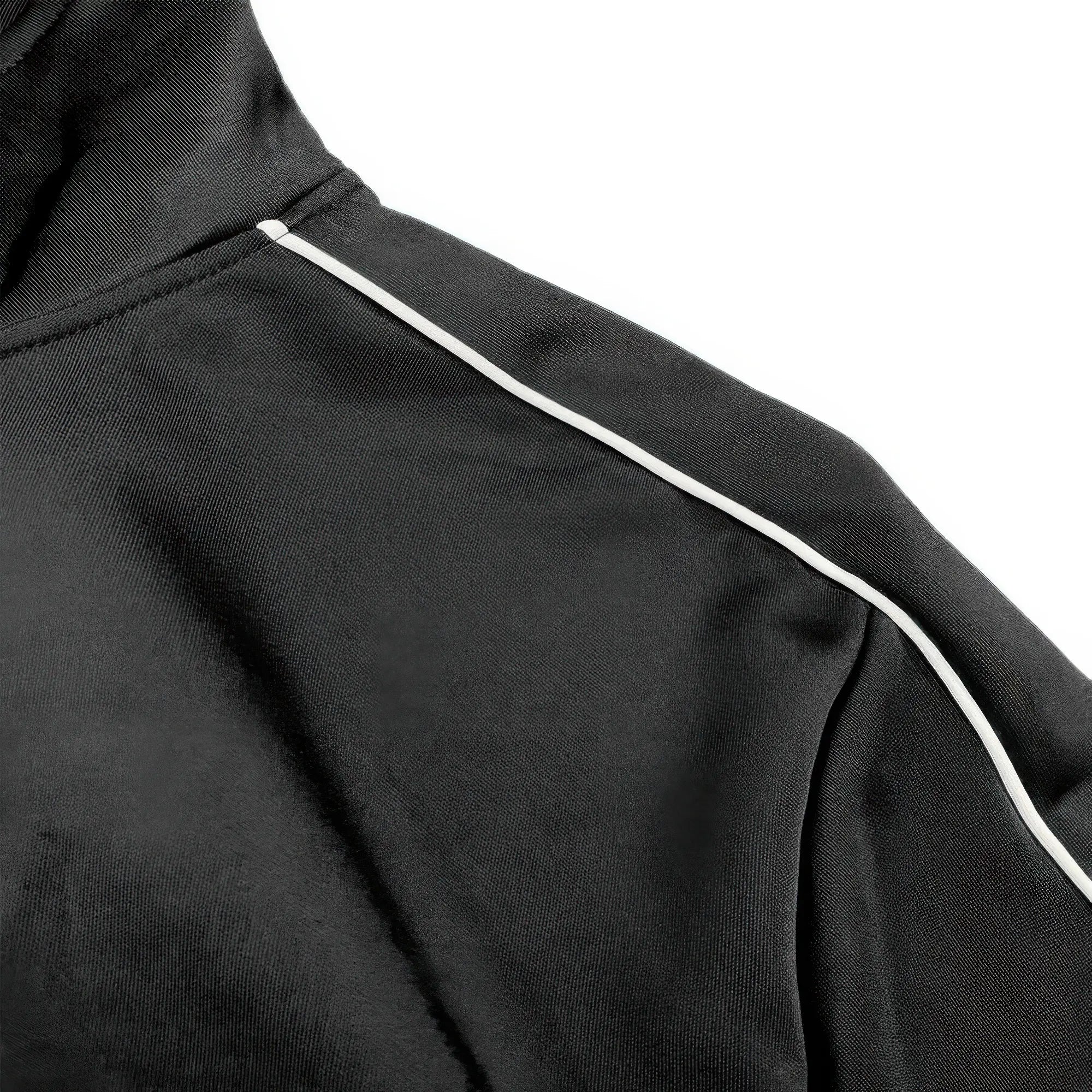 Black jacket with white piping on a white background