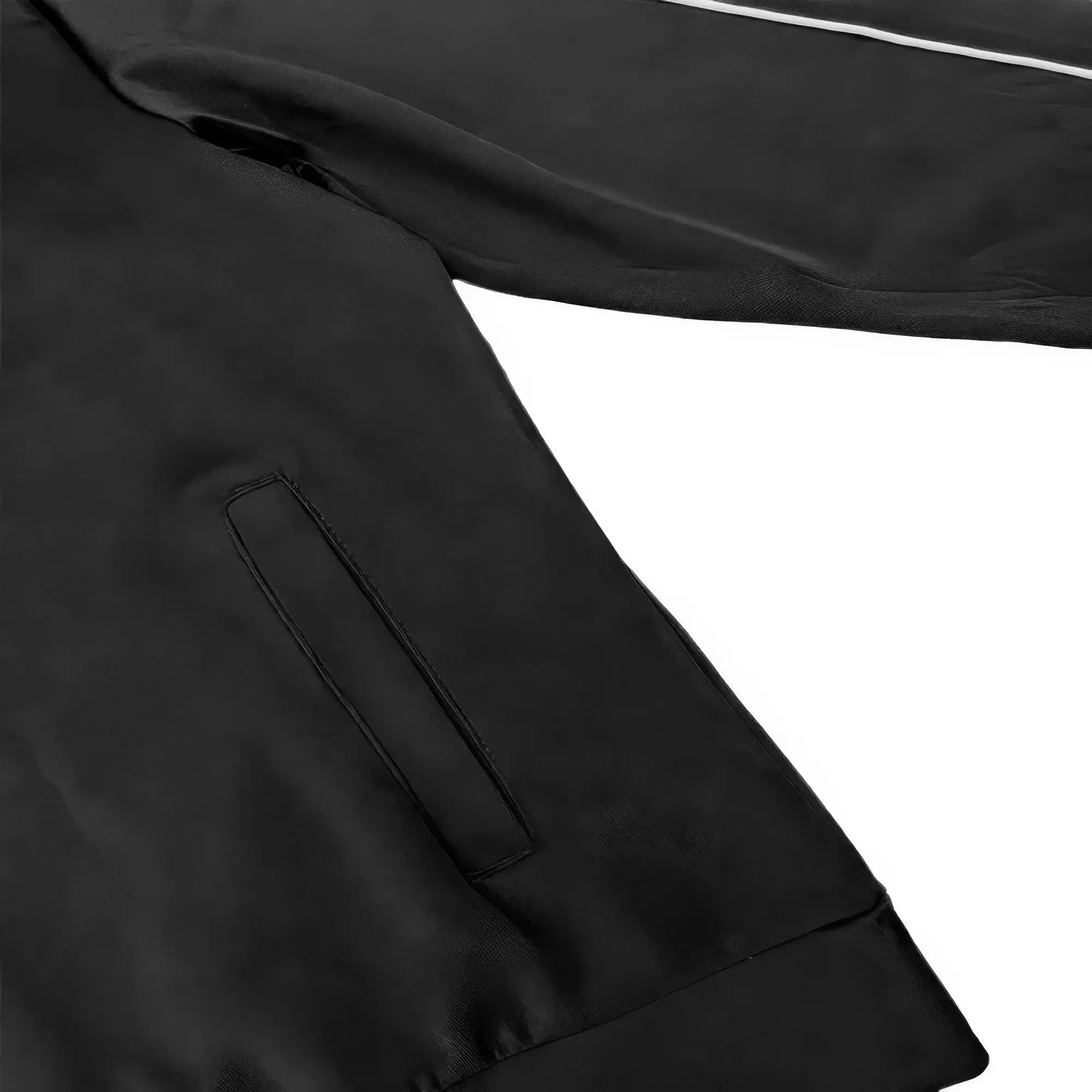 Close-up of a black jacket with a white stripe on a white background