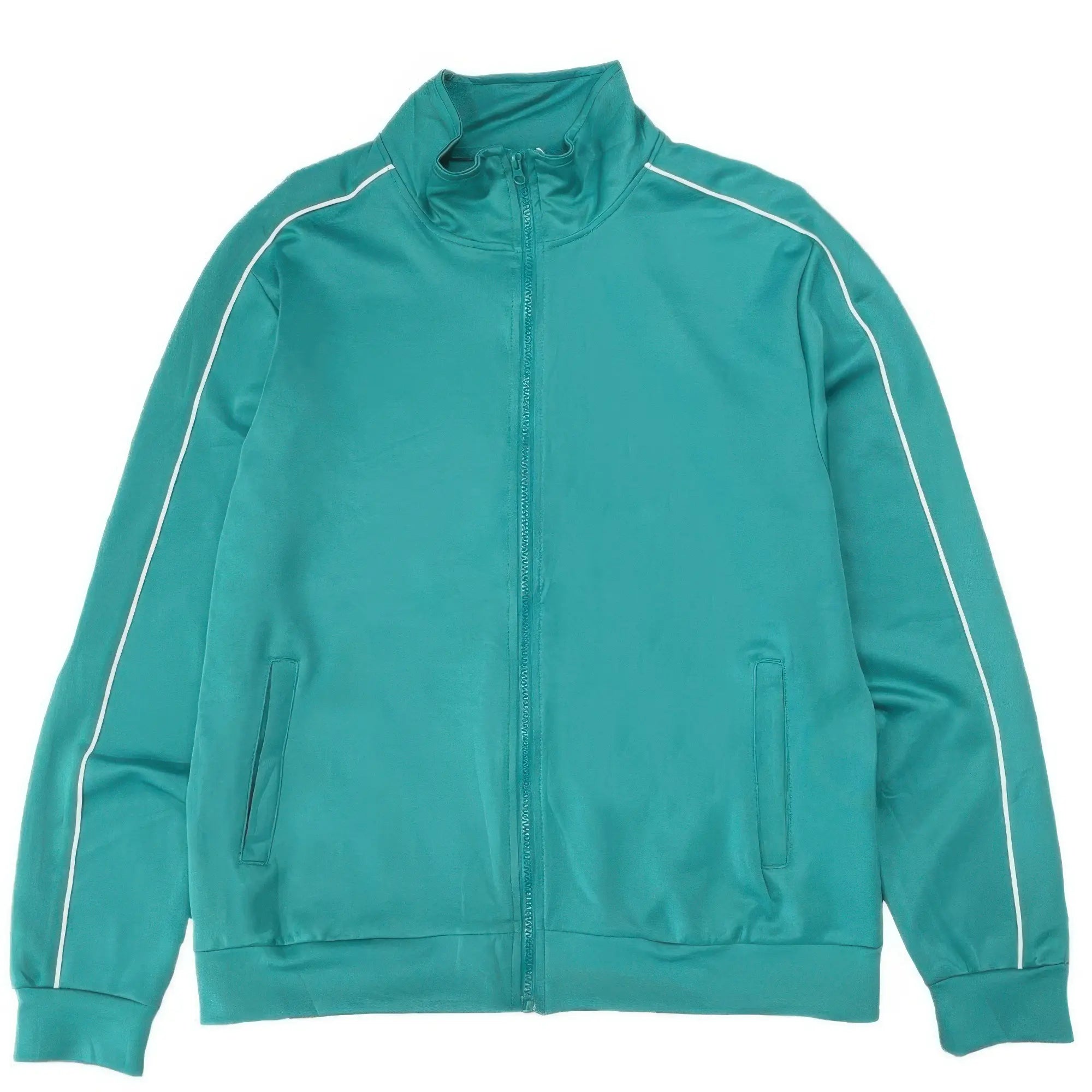 Teal jacket with white accents on a white background