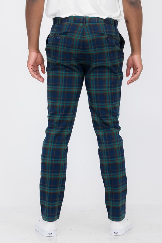 Men Plaid Slim Fit Pockets With Button Closures Trouser Pants Blue Zarnesh