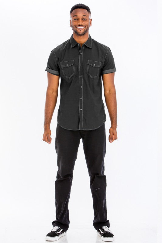Men Plus Outline Stitch Chest Pocket Short Sleeve Button Shirt Zarnesh