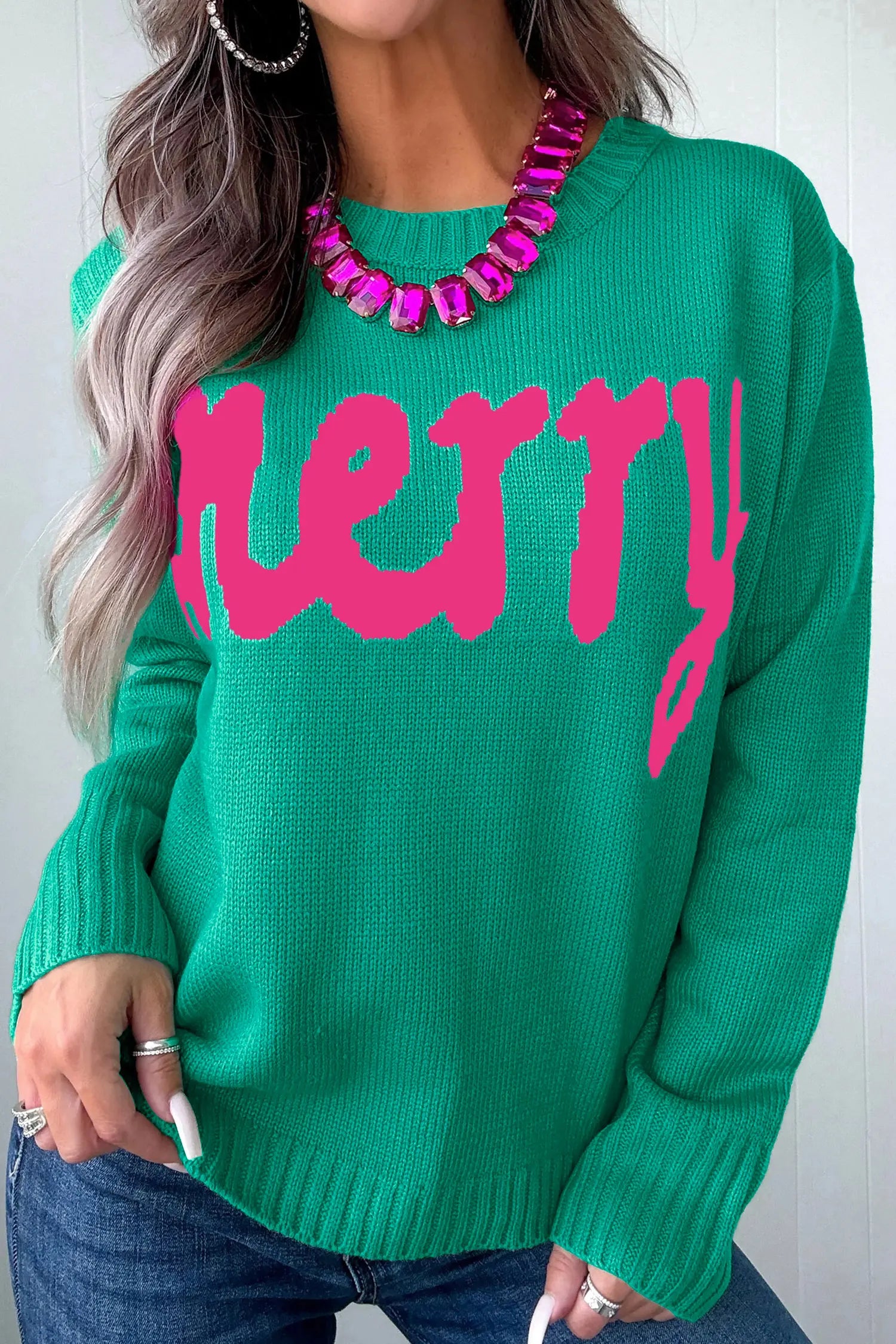 Merry Christmas Trim Ribbed Loose Fit Sweater | Zarnesh