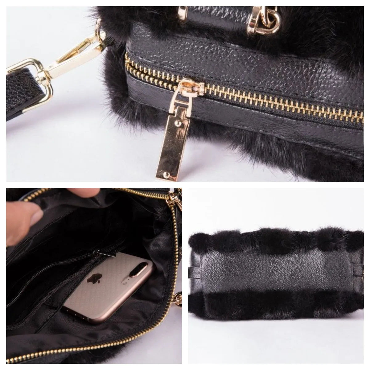 Black handbag with fur trim and gold zipper, showing interior space and fur detail.