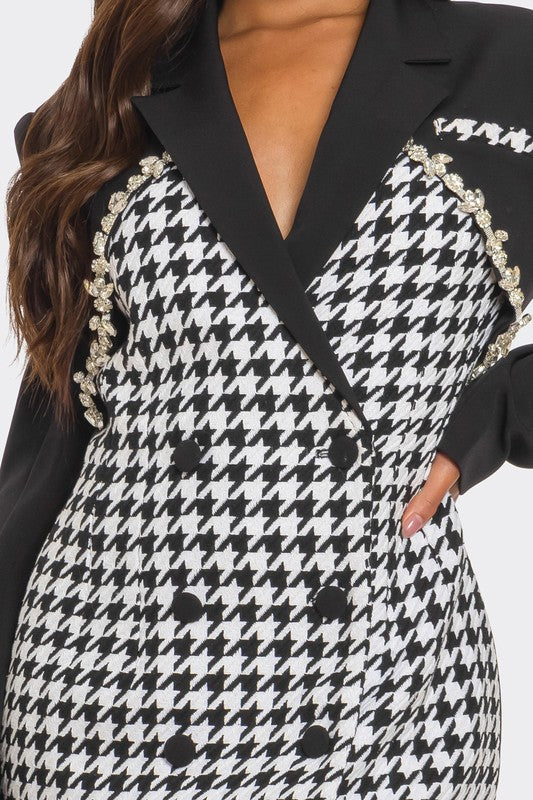 Women Monochrome Glam Houndstooth Lapel Collar Tailored Fit Blazer Dress Zarnesh